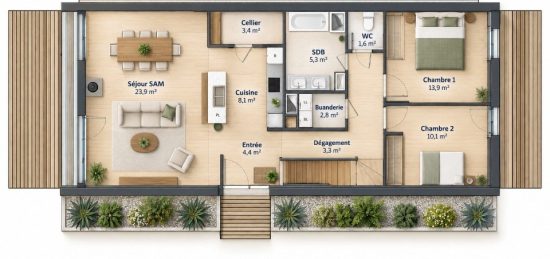 Plan de maison Surface terrain 100 m2 - 6 pièces - 4  chambres -  sans garage 